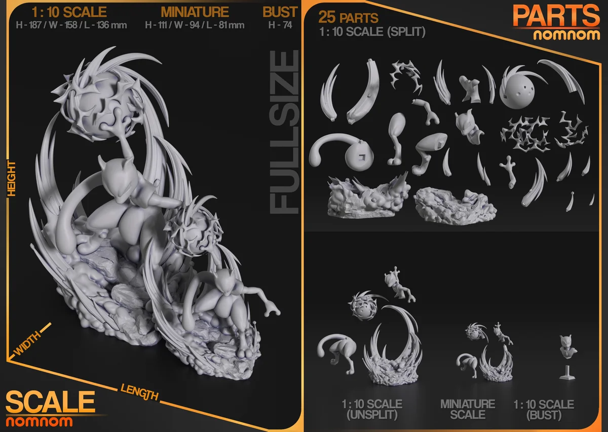 Mewtwo | Fan Art | 3D Printed Resin Model Garage Kit | *Un-Painted* | Nomnom 3