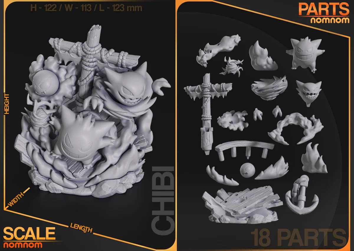 Chibi Ghost Pokemon Diorama | Fan Art | 3D Printed Resin Model Garage Kit | *Un-Painted* | Nomnom 8