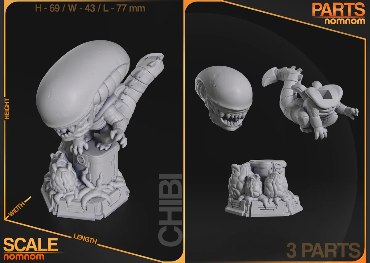 Chibi Xenomorph | Fan Art | 3D Printed Resin Model Garage Kit | *Un-Painted* | Nomnom 3